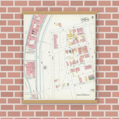 Old map wall art mockup — magnetic wood frame on brick wall — Sanborn Fire Insurance Map from Turners Falls, Franklin County, Massachusetts (1902), Sheet #0003