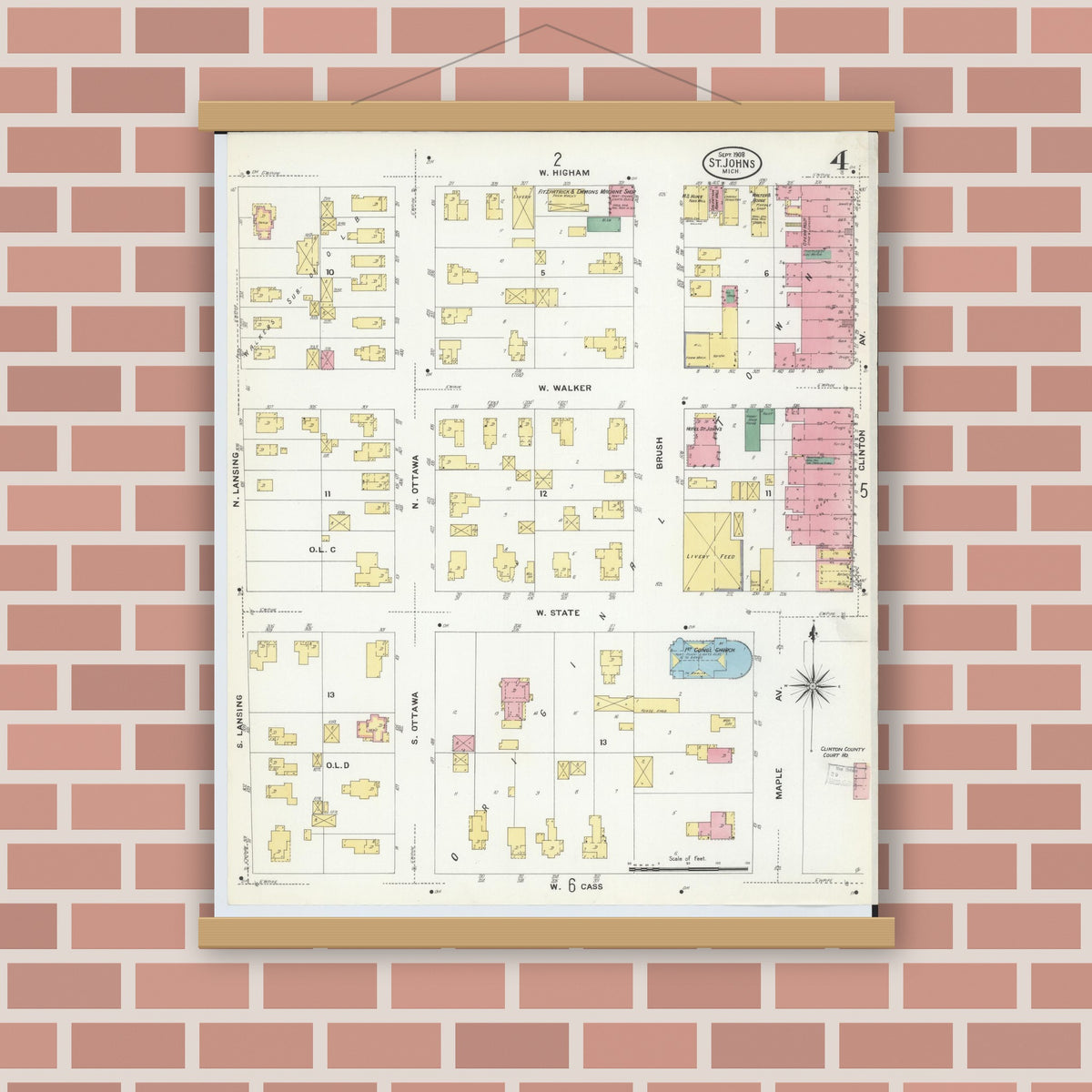 Old map wall art mockup — magnetic wood frame on brick wall — Sanborn Fire Insurance Map from Saint Johns, Clinton County, Michigan (1908), Sheet #0004