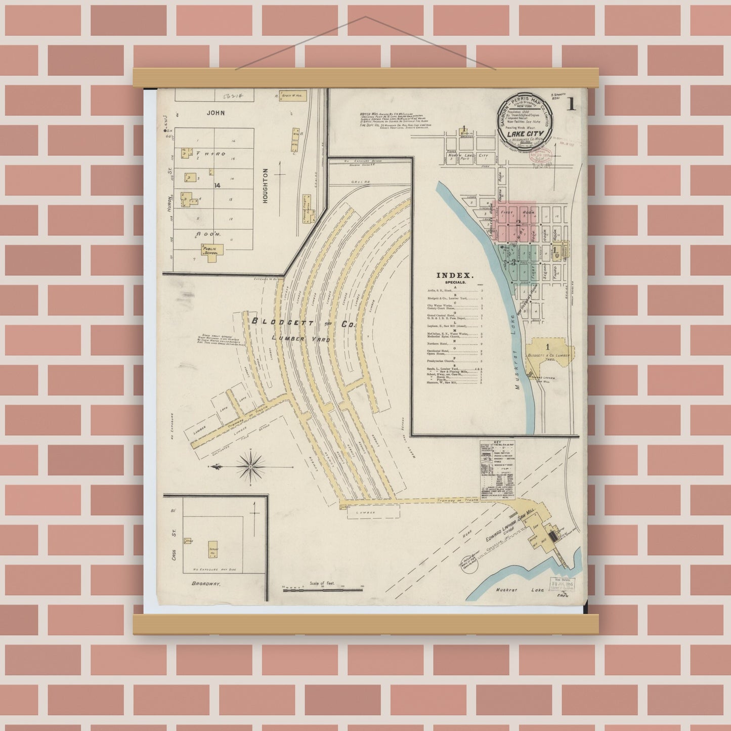 Old map wall art mockup — magnetic wood frame on brick wall — Sanborn Fire Insurance Map from Lake City, Missaukee County, Michigan (1895) - Complete Map Set