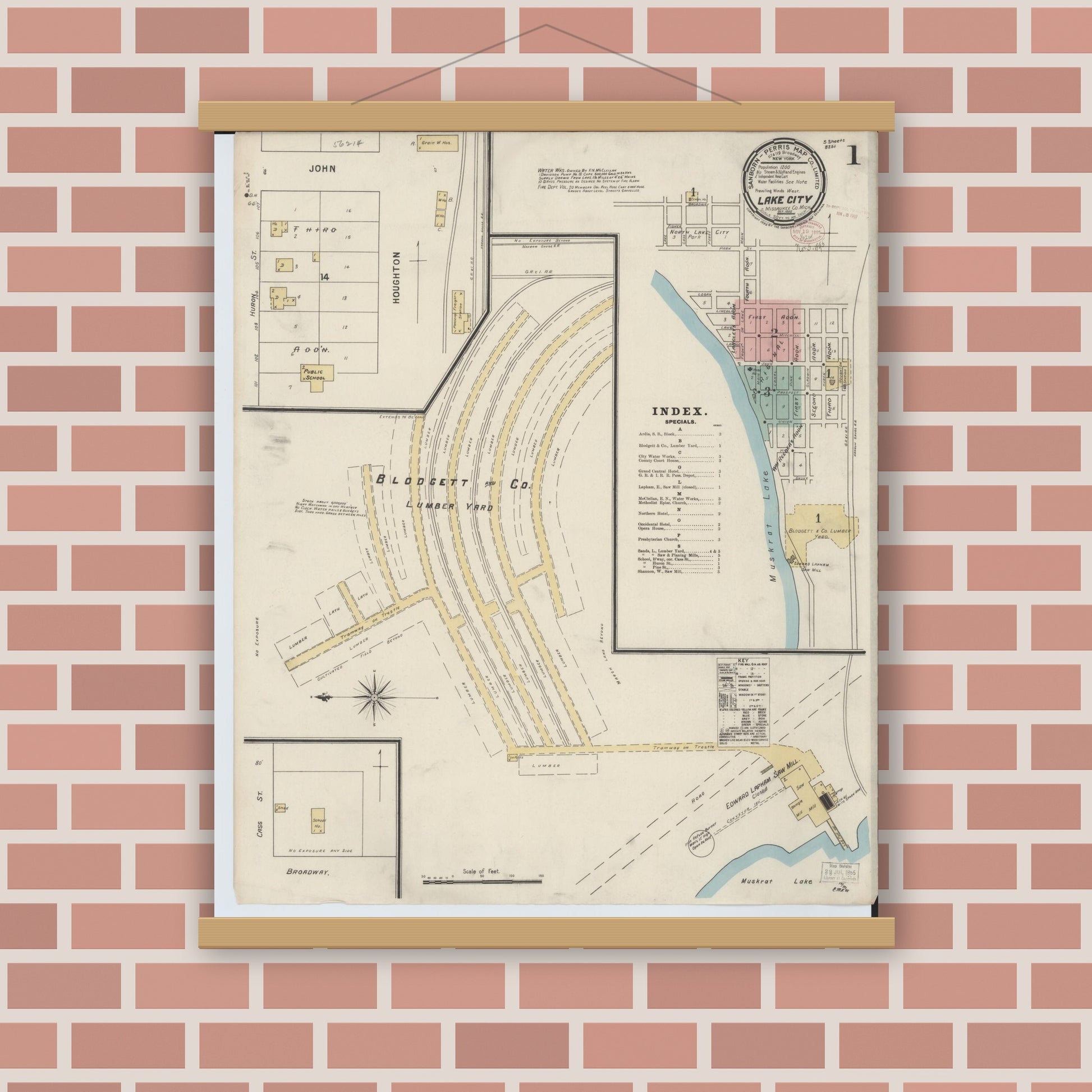 Old map wall art mockup — magnetic wood frame on brick wall — Sanborn Fire Insurance Map from Lake City, Missaukee County, Michigan (1895) - Complete Map Set
