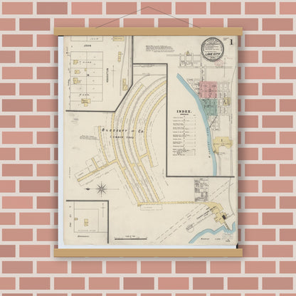 Old map wall art mockup — magnetic wood frame on brick wall — Sanborn Fire Insurance Map from Lake City, Missaukee County, Michigan (1895) - Complete Map Set