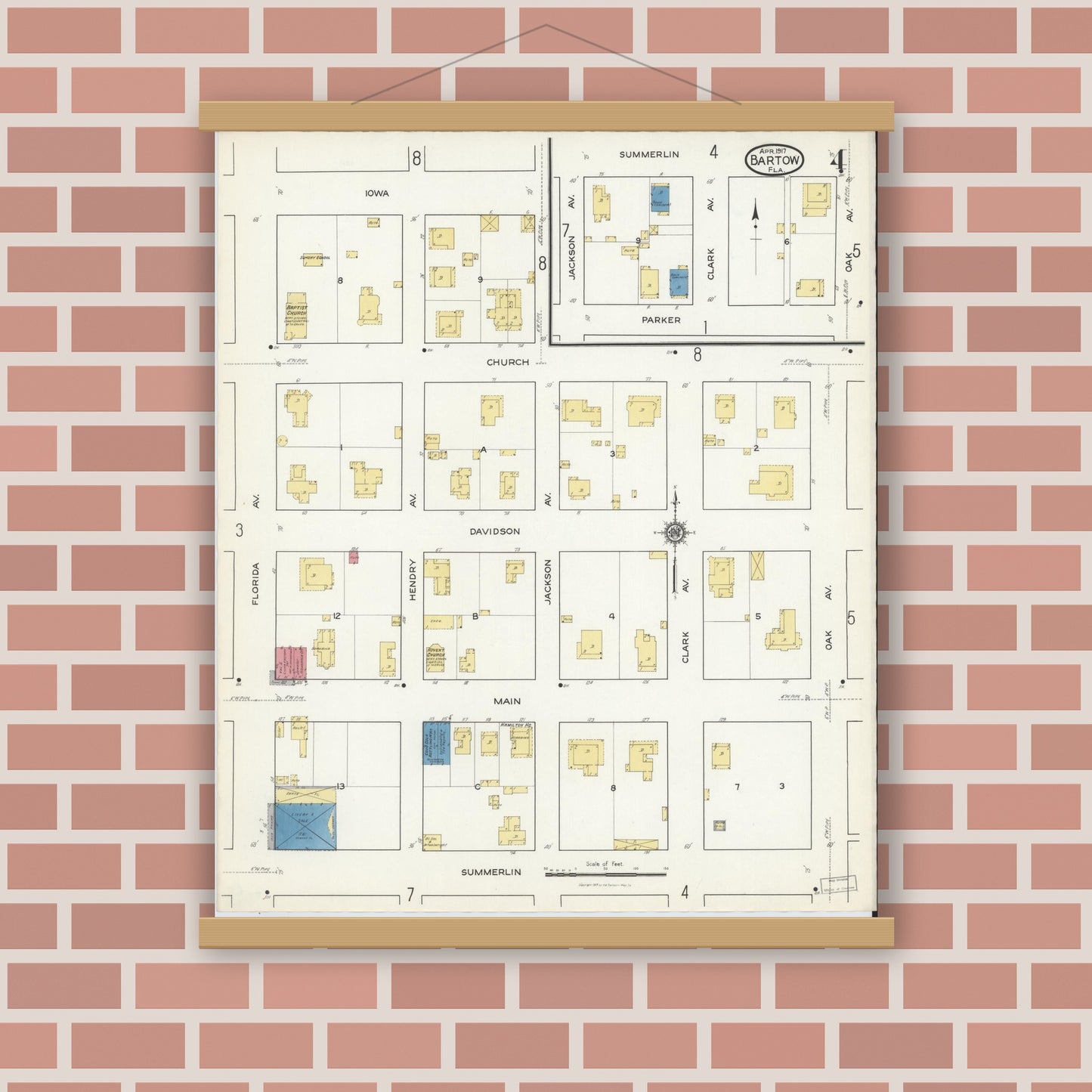 Old map wall art mockup — magnetic wood frame on brick wall — Sanborn Fire Insurance Map from Bartow, Polk County, Florida (1917), Sheet #0004