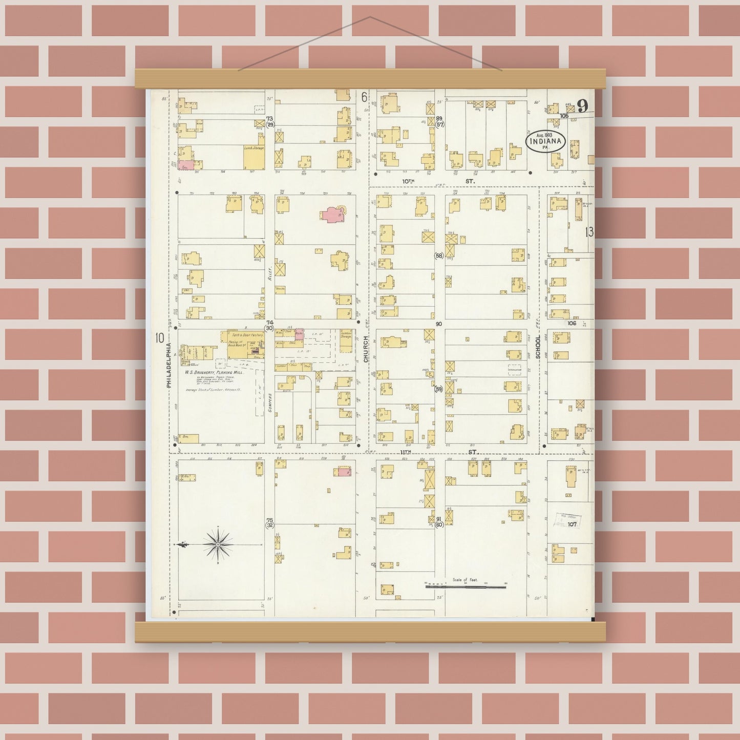 Old map wall art mockup — magnetic wood frame on brick wall — Sanborn Fire Insurance Map from Indiana, Indiana County, Pennsylvania (1903), Sheet #0009