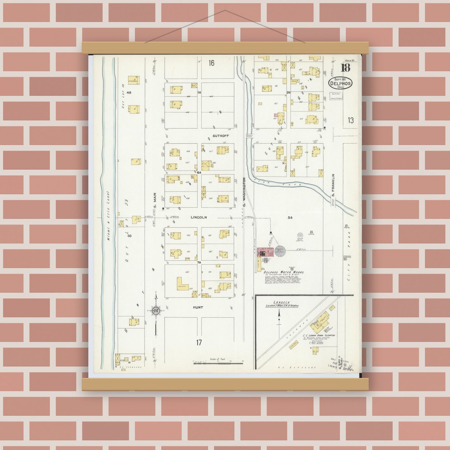 Old map wall art mockup — magnetic wood frame on brick wall — Sanborn Fire Insurance Map from Delphos, Van Wert And Allen Counties, Ohio (1911), Sheet #0018