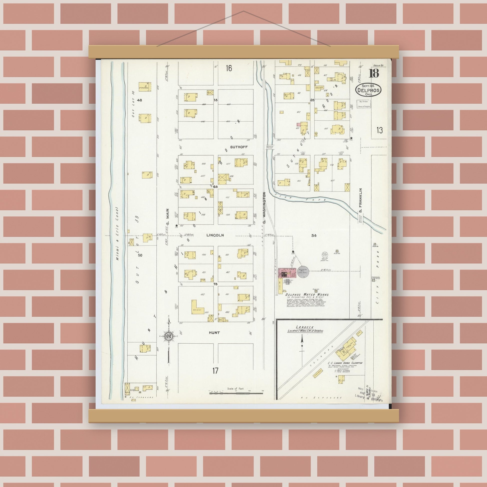 Old map wall art mockup — magnetic wood frame on brick wall — Sanborn Fire Insurance Map from Delphos, Van Wert And Allen Counties, Ohio (1911), Sheet #0018