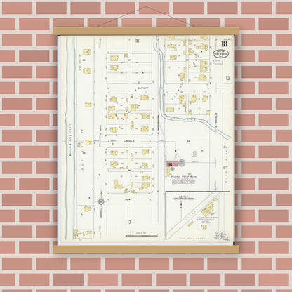 Old map wall art mockup — magnetic wood frame on brick wall — Sanborn Fire Insurance Map from Delphos, Van Wert And Allen Counties, Ohio (1911), Sheet #0018