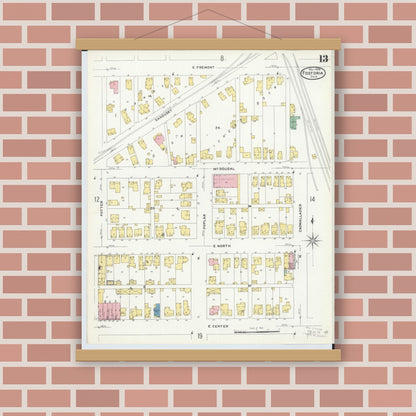 Old map wall art mockup — magnetic wood frame on brick wall — Sanborn Fire Insurance Map from Fostoria, Seneca, Hancock, And Wood Counties, Ohio (1908), Sheet #0013
