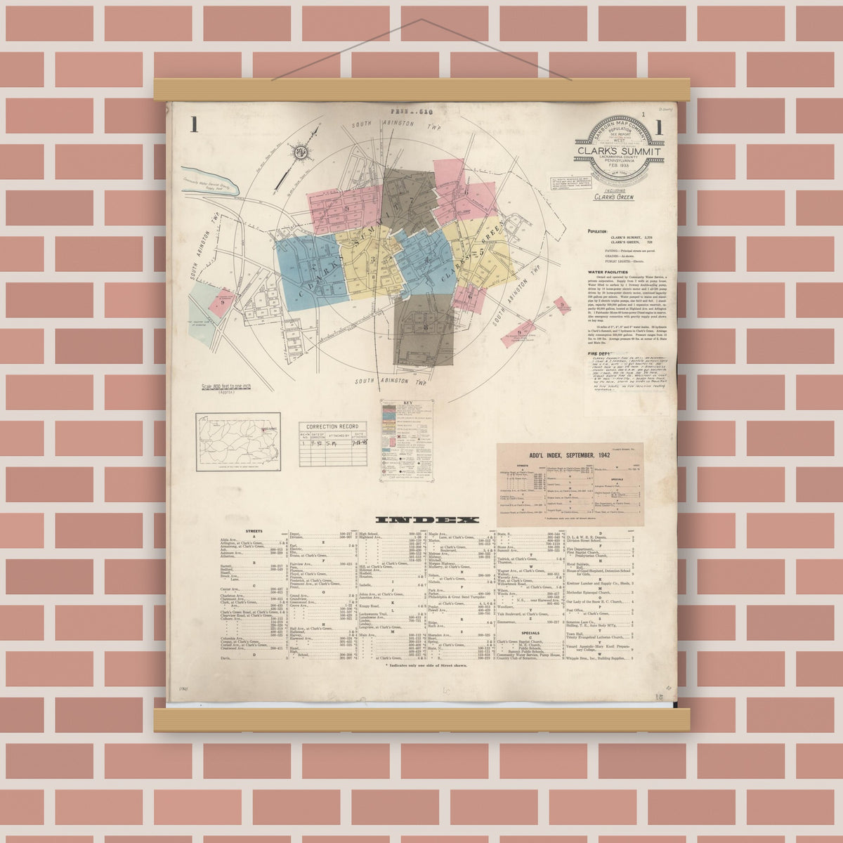 Old map wall art mockup — magnetic wood frame on brick wall — Sanborn Fire Insurance Map from Clark's Summit, Lackawanna County, Pennsylvania (1942), Sheet #0001