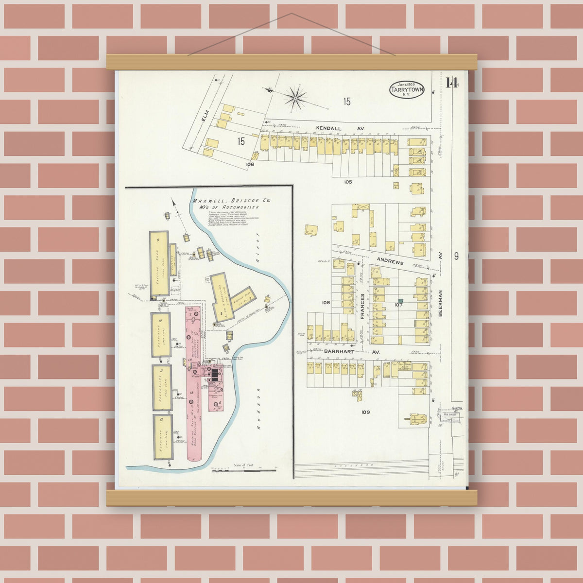 Old map wall art mockup — magnetic wood frame on brick wall — Sanborn Fire Insurance Map from Tarrytown, Westchester County, New York (1909), Sheet #0014