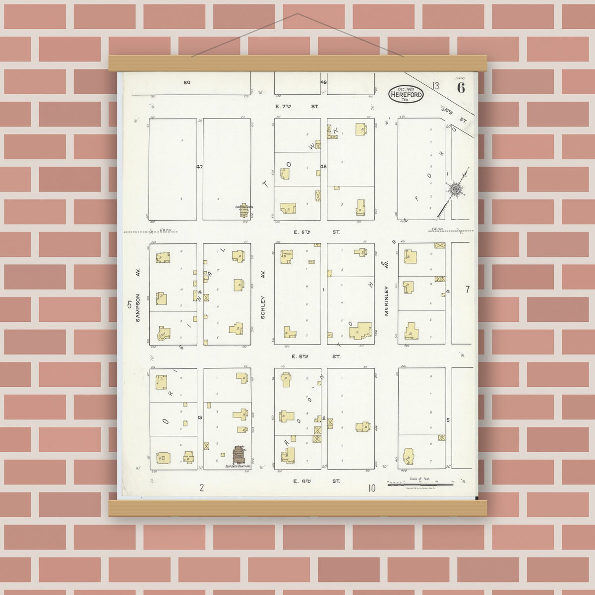Old map wall art mockup — magnetic wood frame on brick wall — Sanborn Fire Insurance Map from Hereford, Deaf Smith County, Texas (1920), Sheet #0006