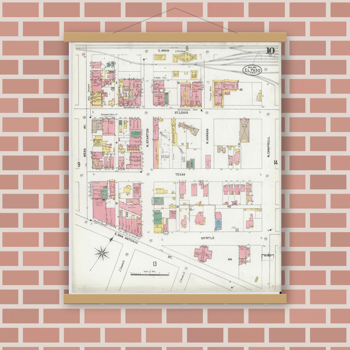 Old map wall art mockup — magnetic wood frame on brick wall — Sanborn Fire Insurance Map from El Paso, El Paso County, Texas (1902), Sheet #0010