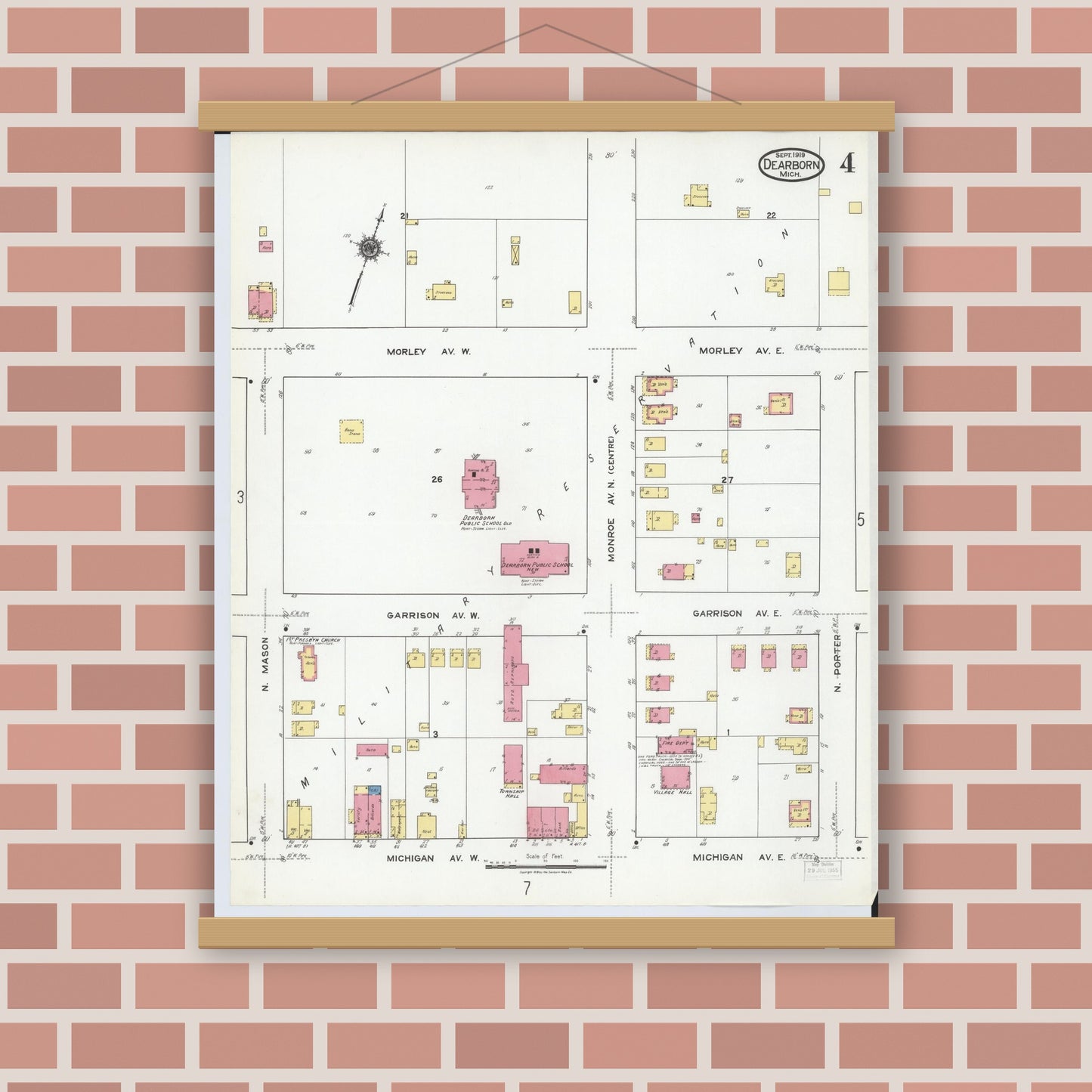 Old map wall art mockup — magnetic wood frame on brick wall — Sanborn Fire Insurance Map from Dearborn, Wayne County, Michigan (1919), Sheet #0004