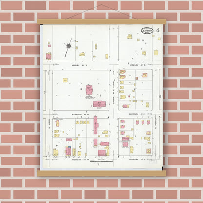 Old map wall art mockup — magnetic wood frame on brick wall — Sanborn Fire Insurance Map from Dearborn, Wayne County, Michigan (1919), Sheet #0004