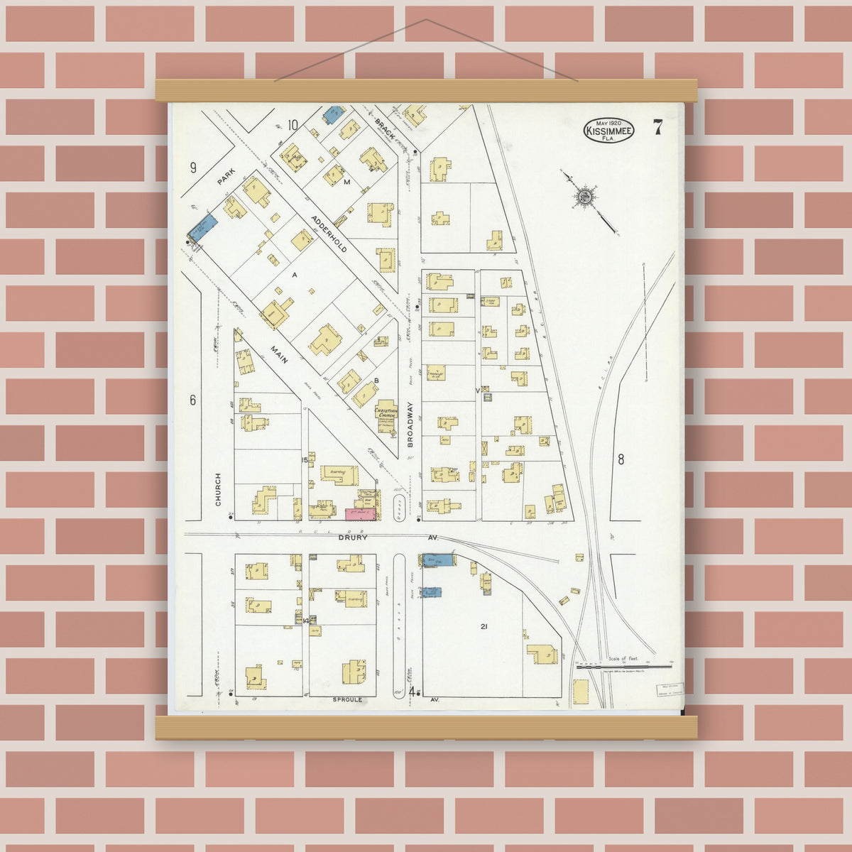 Old map wall art mockup — magnetic wood frame on brick wall — Sanborn Fire Insurance Map from Kissimmee, Osceola County, Florida (1920), Sheet #0007