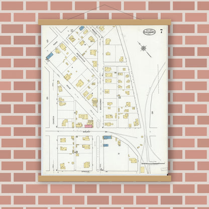 Old map wall art mockup — magnetic wood frame on brick wall — Sanborn Fire Insurance Map from Kissimmee, Osceola County, Florida (1920), Sheet #0007