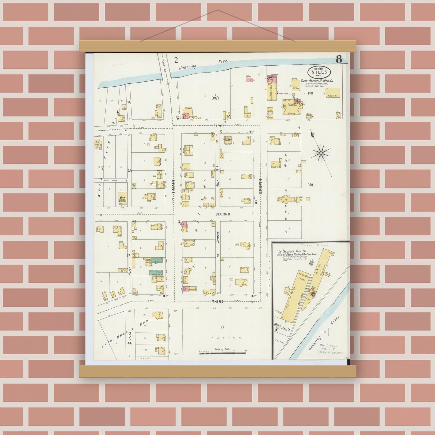 Old map wall art mockup — magnetic wood frame on brick wall — Sanborn Fire Insurance Map from Niles, Trumbull County, Ohio (1898), Sheet #0008