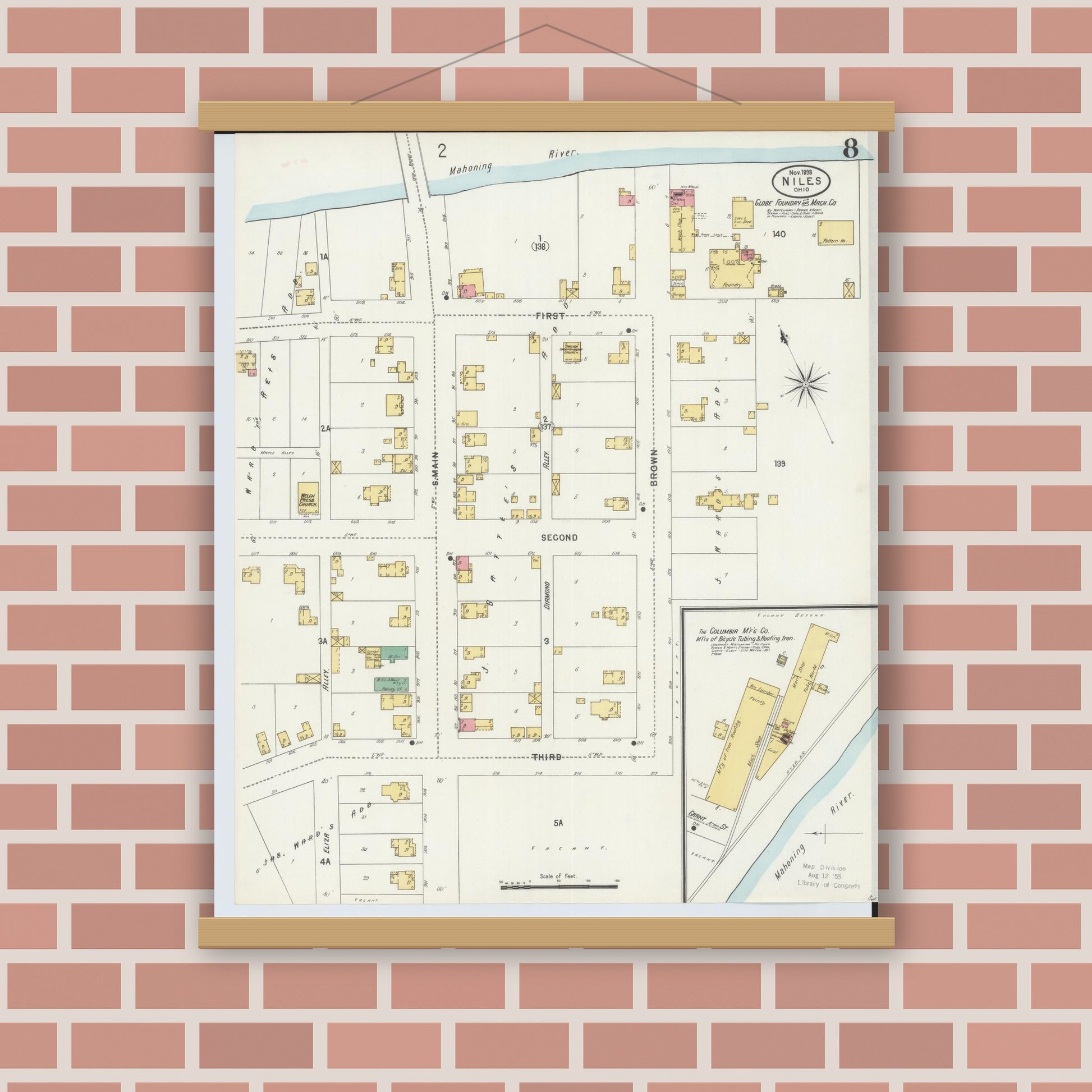 Old map wall art mockup — magnetic wood frame on brick wall — Sanborn Fire Insurance Map from Niles, Trumbull County, Ohio (1898), Sheet #0008