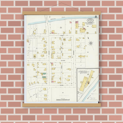 Old map wall art mockup — magnetic wood frame on brick wall — Sanborn Fire Insurance Map from Niles, Trumbull County, Ohio (1898), Sheet #0008