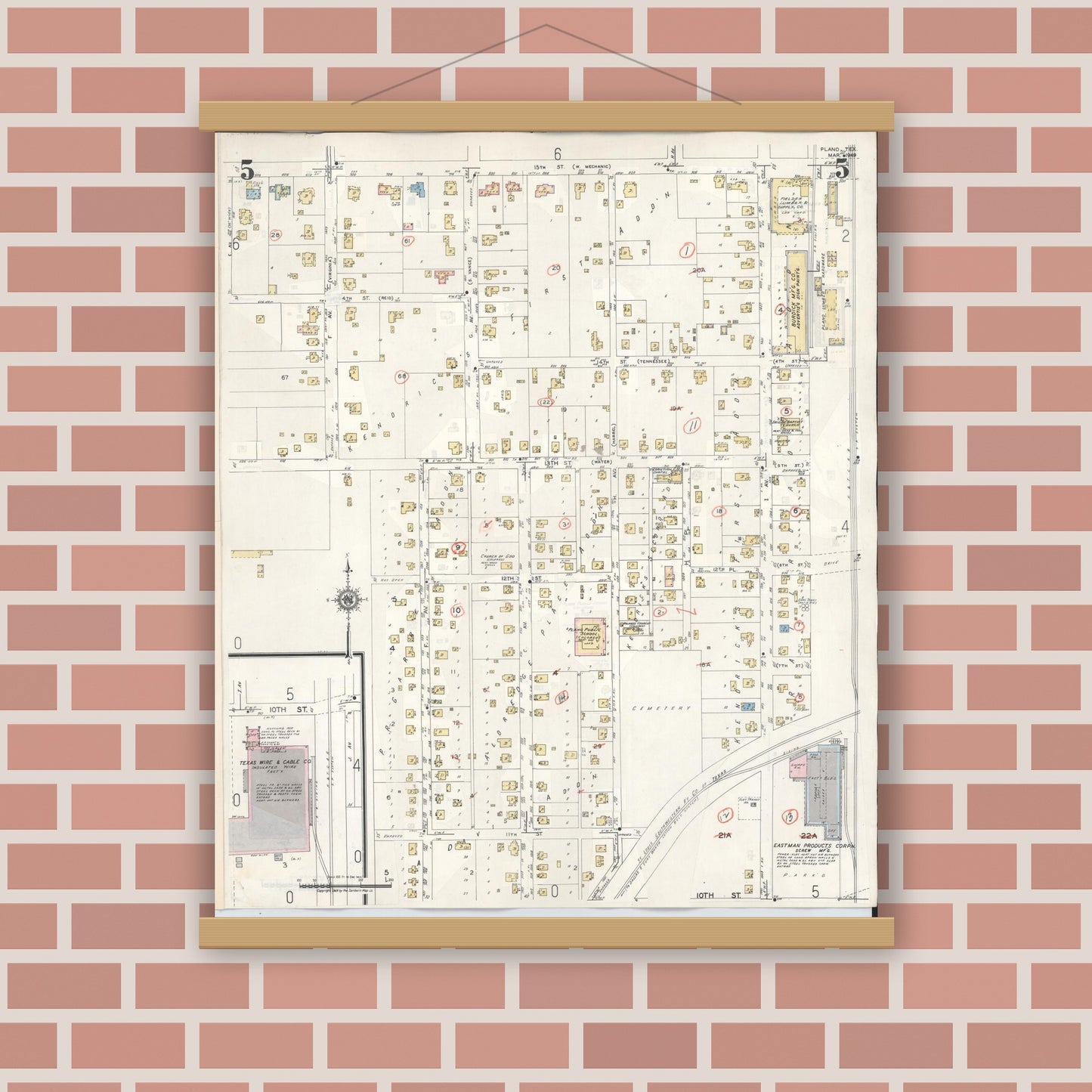 Old map wall art mockup — magnetic wood frame on brick wall — Sanborn Fire Insurance Map from Plano, Collin County, Texas (1961), Sheet #0005
