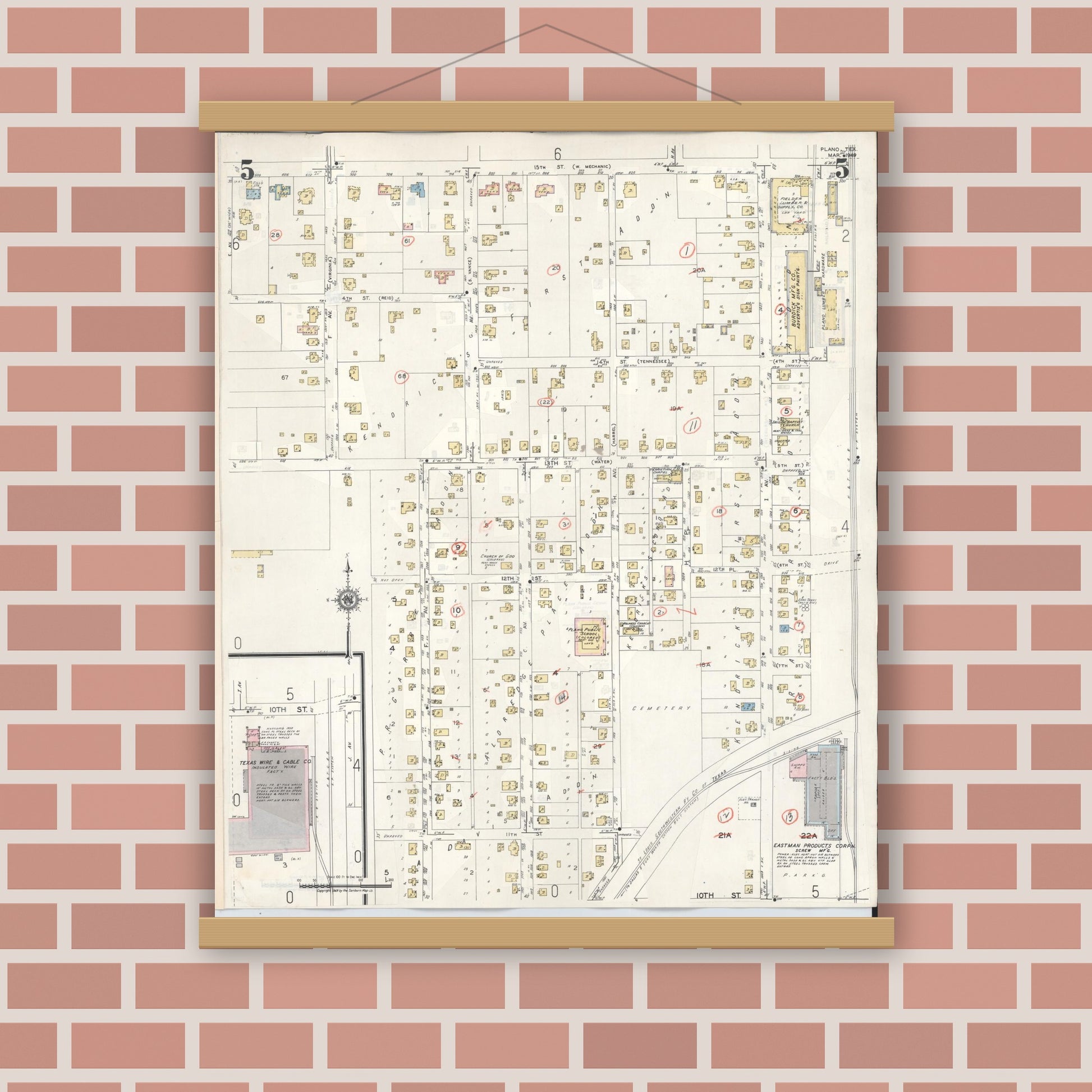 Old map wall art mockup — magnetic wood frame on brick wall — Sanborn Fire Insurance Map from Plano, Collin County, Texas (1961), Sheet #0005