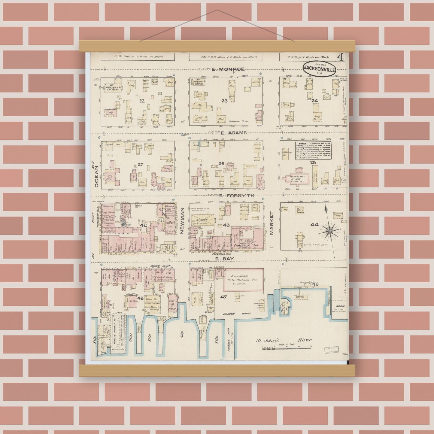 Old map wall art mockup — magnetic wood frame on brick wall — Sanborn Fire Insurance Map from Jacksonville, Duval County, Florida (1884), Sheet #0004