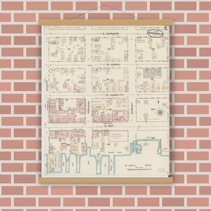 Old map wall art mockup — magnetic wood frame on brick wall — Sanborn Fire Insurance Map from Jacksonville, Duval County, Florida (1884), Sheet #0004
