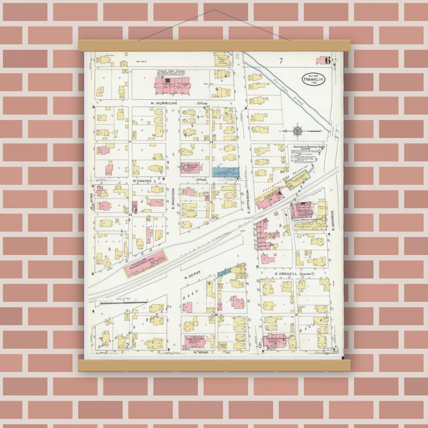 Old map wall art mockup — magnetic wood frame on brick wall — Sanborn Fire Insurance Map from Franklin, Johnson County, Indiana (1910), Sheet #0006