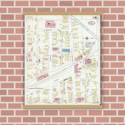 Old map wall art mockup — magnetic wood frame on brick wall — Sanborn Fire Insurance Map from Franklin, Johnson County, Indiana (1910), Sheet #0006
