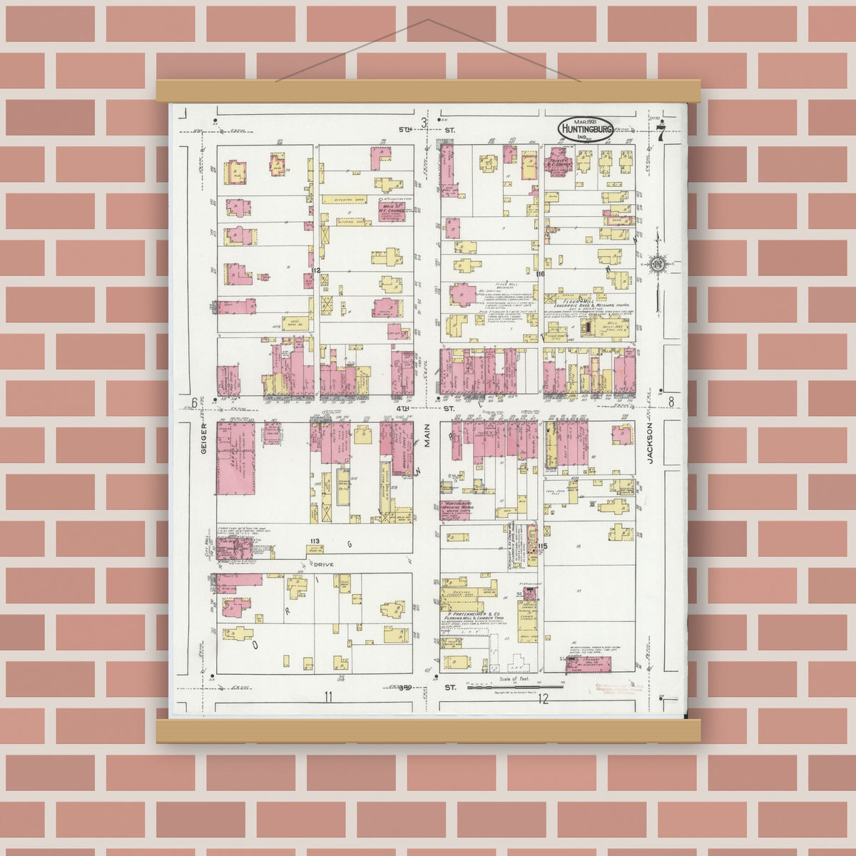 Old map wall art mockup — magnetic wood frame on brick wall — Sanborn Fire Insurance Map from Huntingburg, Dubois County, Indiana (1921), Sheet #0007