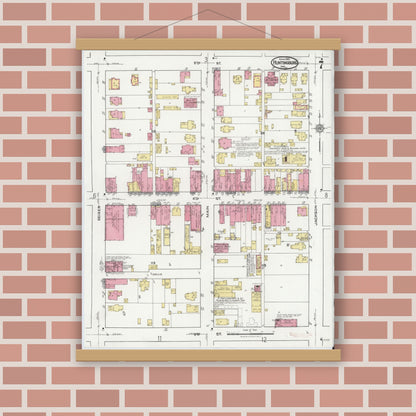 Old map wall art mockup — magnetic wood frame on brick wall — Sanborn Fire Insurance Map from Huntingburg, Dubois County, Indiana (1921), Sheet #0007