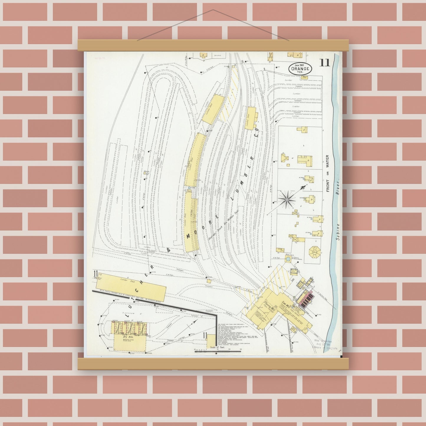 Old map wall art mockup — magnetic wood frame on brick wall — Sanborn Fire Insurance Map from Orange, Orange County, Texas (1901), Sheet #0011