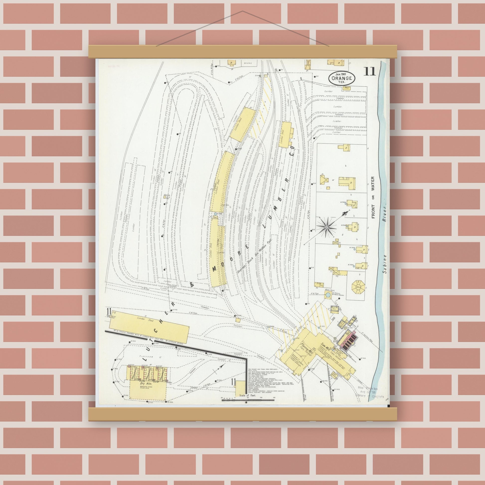 Old map wall art mockup — magnetic wood frame on brick wall — Sanborn Fire Insurance Map from Orange, Orange County, Texas (1901), Sheet #0011
