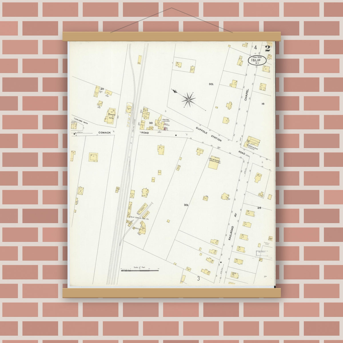 Old map wall art mockup — magnetic wood frame on brick wall — Sanborn Fire Insurance Map from Islip, Suffolk County, New York (1909), Sheet #0002