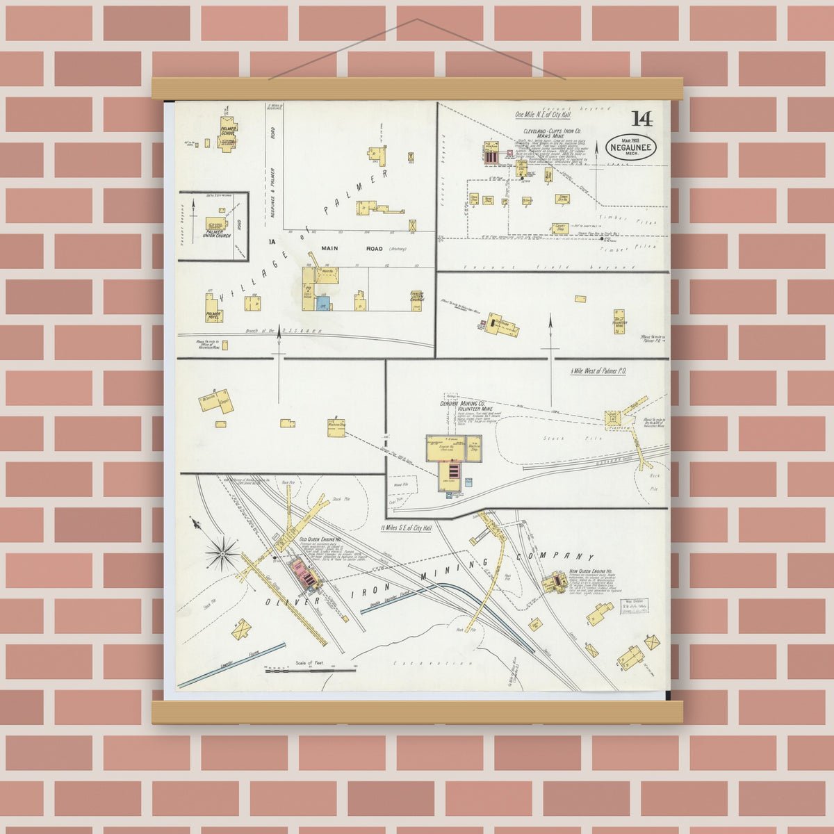 Old map wall art mockup — magnetic wood frame on brick wall — Sanborn Fire Insurance Map from Negaunee, Marquette County, Michigan (1902), Sheet #0014