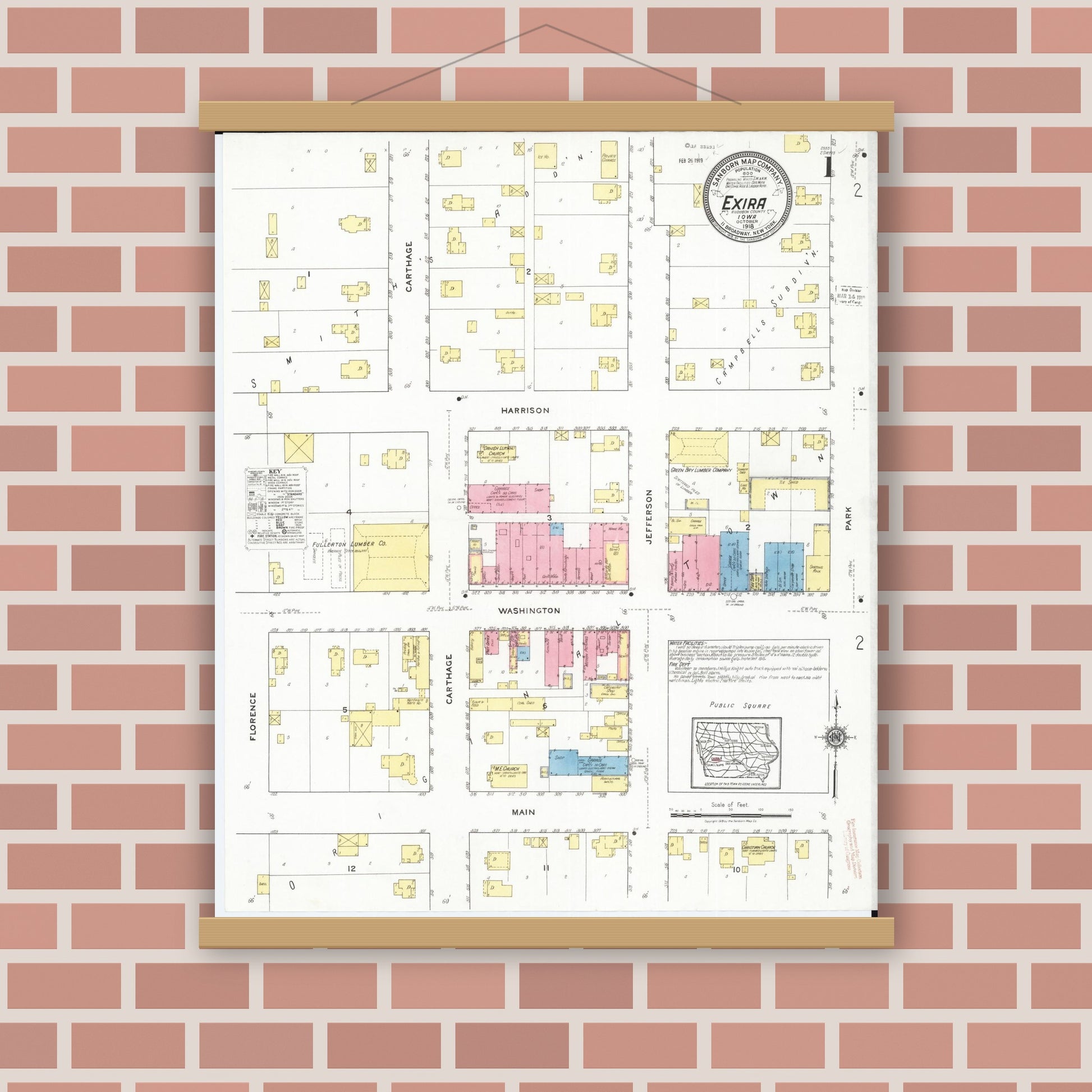 Old map wall art mockup — magnetic wood frame on brick wall — Sanborn Fire Insurance Map from Exira, Audubon County, Iowa (1918) â€” Complete Set