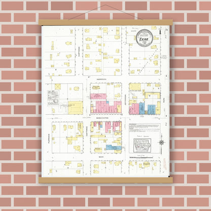 Old map wall art mockup — magnetic wood frame on brick wall — Sanborn Fire Insurance Map from Exira, Audubon County, Iowa (1918) â€” Complete Set