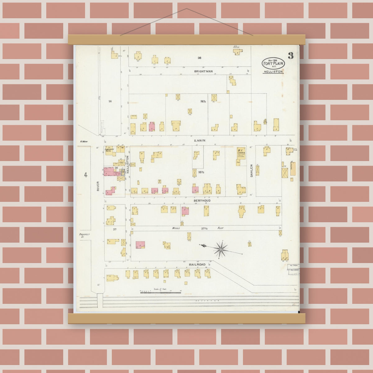 Old map wall art mockup — magnetic wood frame on brick wall — Sanborn Fire Insurance Map from Fort Plain, Montgomery County, New York (1906), Sheet #0003