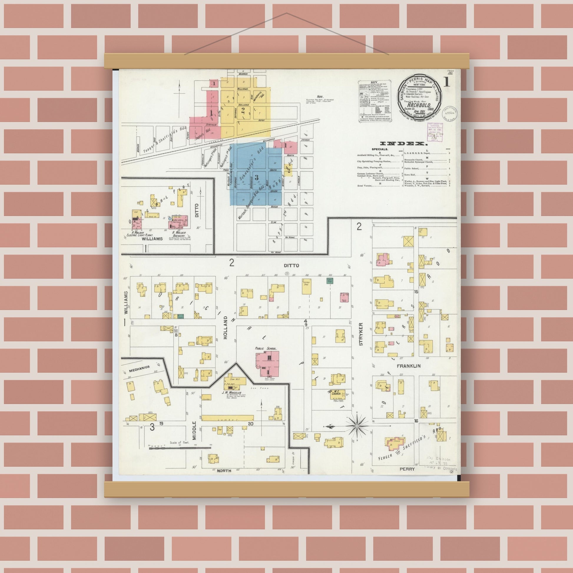 Old map wall art mockup — magnetic wood frame on brick wall — Sanborn Fire Insurance Map from Archbold, Fulton County, Ohio (1901), Sheet #0001