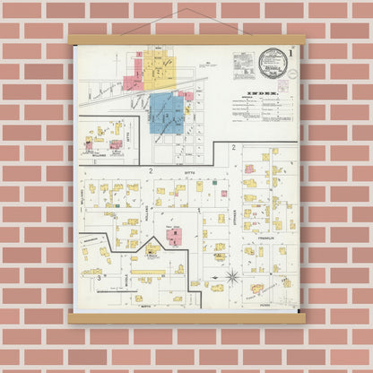 Old map wall art mockup — magnetic wood frame on brick wall — Sanborn Fire Insurance Map from Archbold, Fulton County, Ohio (1901), Sheet #0001