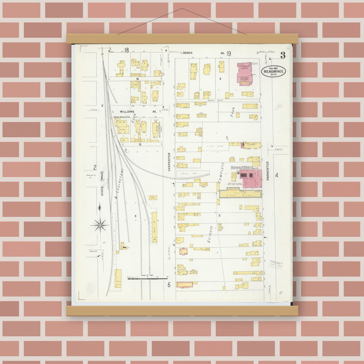 Old map wall art mockup — magnetic wood frame on brick wall — Sanborn Fire Insurance Map from Menominee, Menominee County, Michigan (1907), Sheet #0003