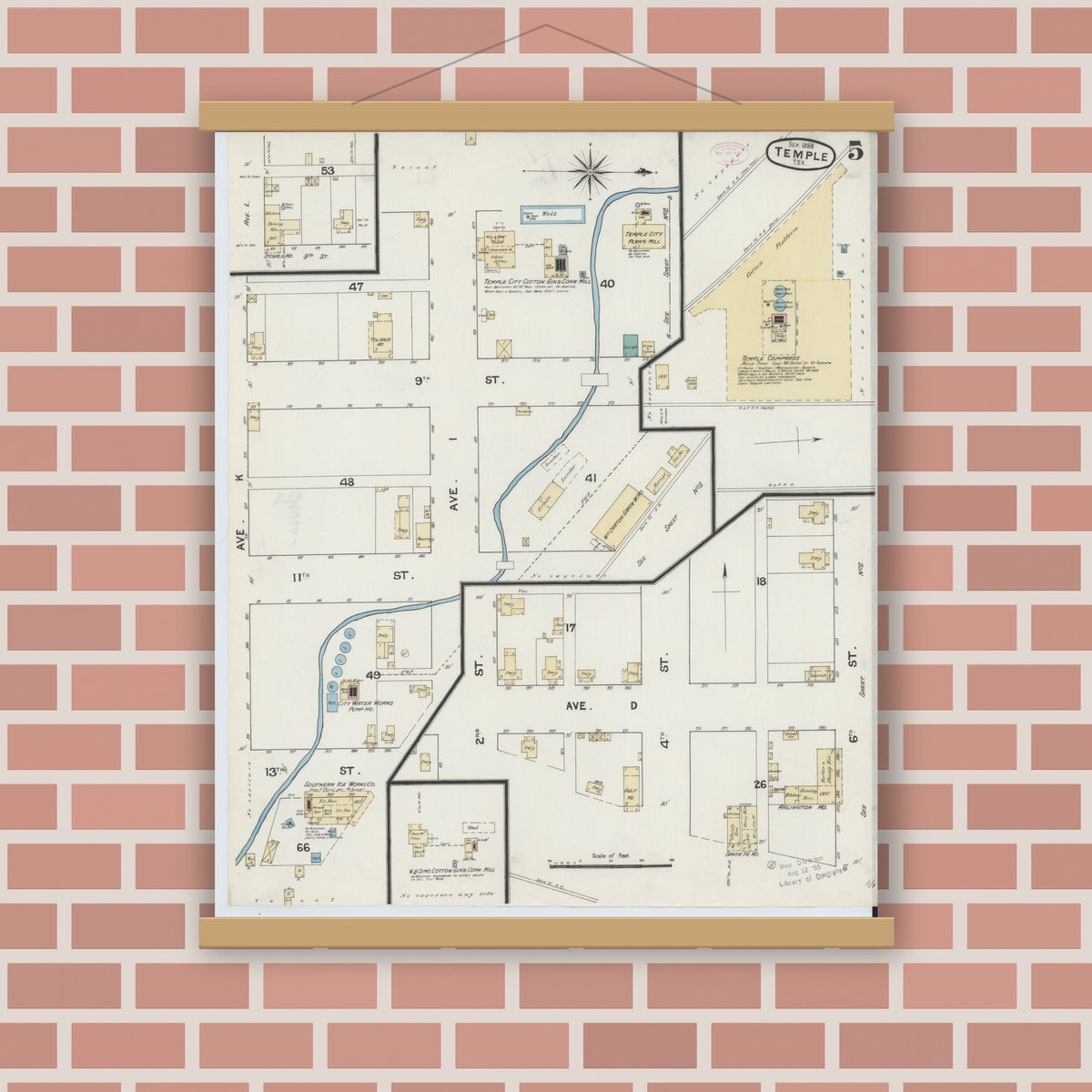 Old map wall art mockup — magnetic wood frame on brick wall — Sanborn Fire Insurance Map from Temple, Bell County, Texas (1888), Sheet #0005