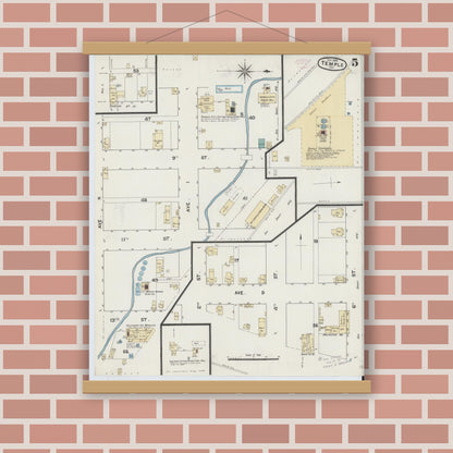 Old map wall art mockup — magnetic wood frame on brick wall — Sanborn Fire Insurance Map from Temple, Bell County, Texas (1888), Sheet #0005
