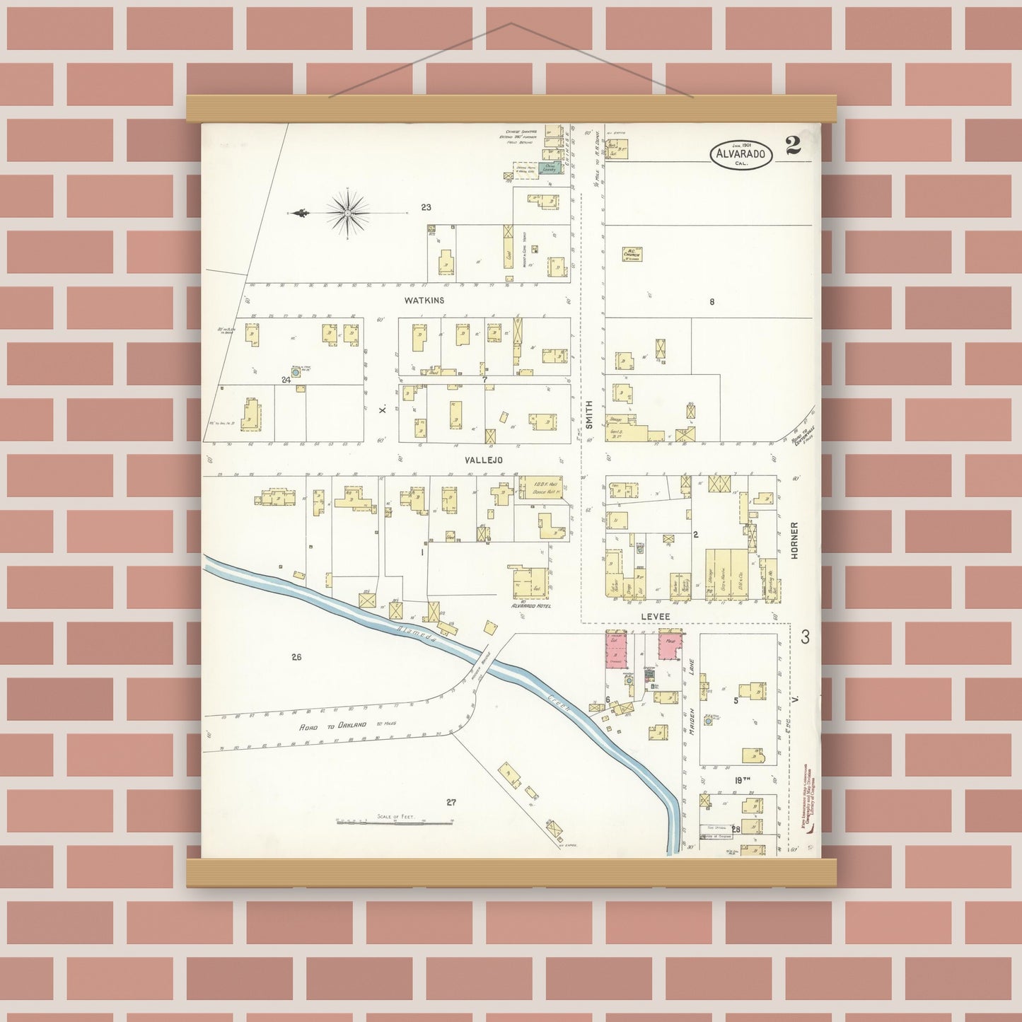 Old map wall art mockup — magnetic wood frame on brick wall — Sanborn Fire Insurance Map from Alvarado, Alameda County, California (1901), Sheet #0002