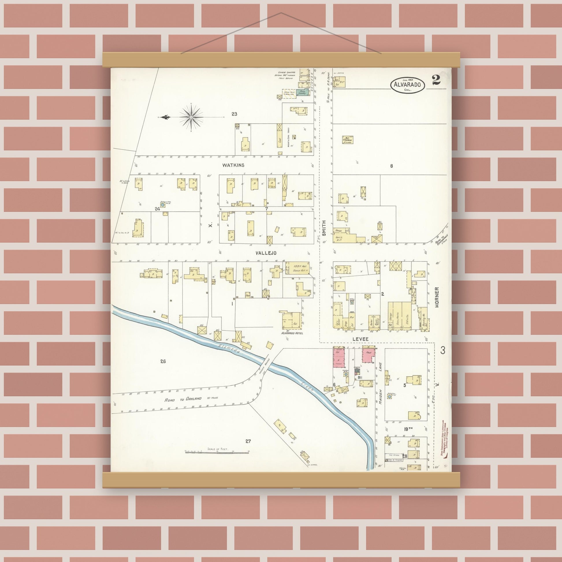 Old map wall art mockup — magnetic wood frame on brick wall — Sanborn Fire Insurance Map from Alvarado, Alameda County, California (1901), Sheet #0002