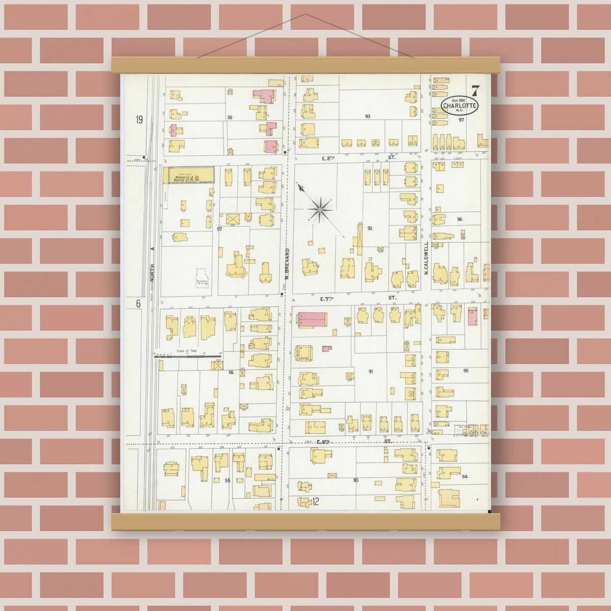 Old map wall art mockup — magnetic wood frame on brick wall — Sanborn Fire Insurance Map from Charlotte, Mecklenburg County, North Carolina (1900), Sheet #0007