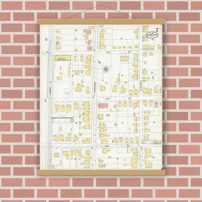 Old map wall art mockup — magnetic wood frame on brick wall — Sanborn Fire Insurance Map from Charlotte, Mecklenburg County, North Carolina (1900), Sheet #0007