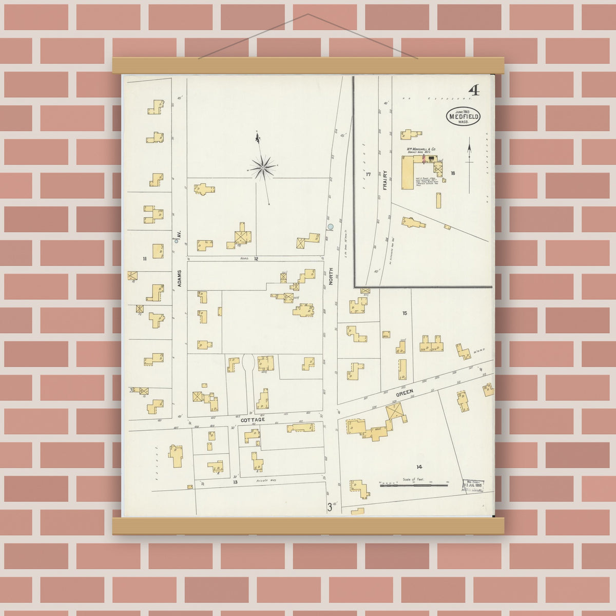 Old map wall art mockup — magnetic wood frame on brick wall — Sanborn Fire Insurance Map from Medfield, Norfolk County, Massachusetts (1903), Sheet #0004