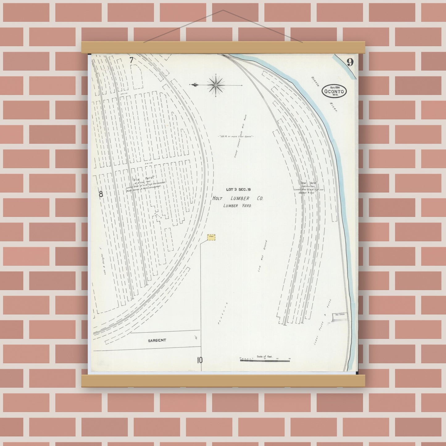 Old map wall art mockup — magnetic wood frame on brick wall — Sanborn Fire Insurance Map from Oconto, Oconto County, Wisconsin (1904), Sheet #0009