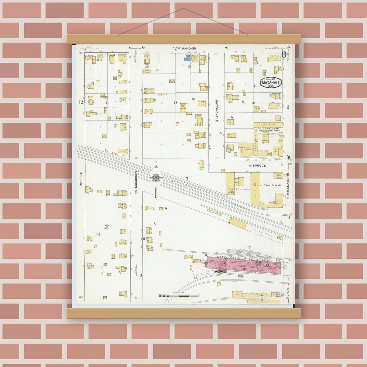 Old map wall art mockup — magnetic wood frame on brick wall — Sanborn Fire Insurance Map from Marshall, Calhoun County, Michigan (1916), Sheet #0008