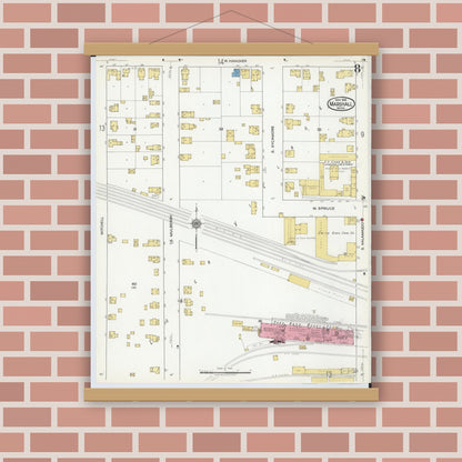 Old map wall art mockup — magnetic wood frame on brick wall — Sanborn Fire Insurance Map from Marshall, Calhoun County, Michigan (1916), Sheet #0008